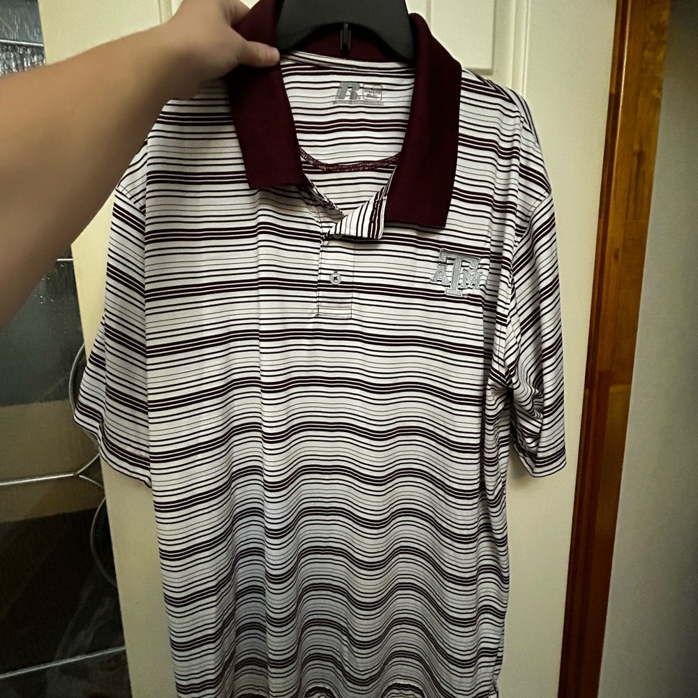 Men's Maroon and White Striped Polo Shirt